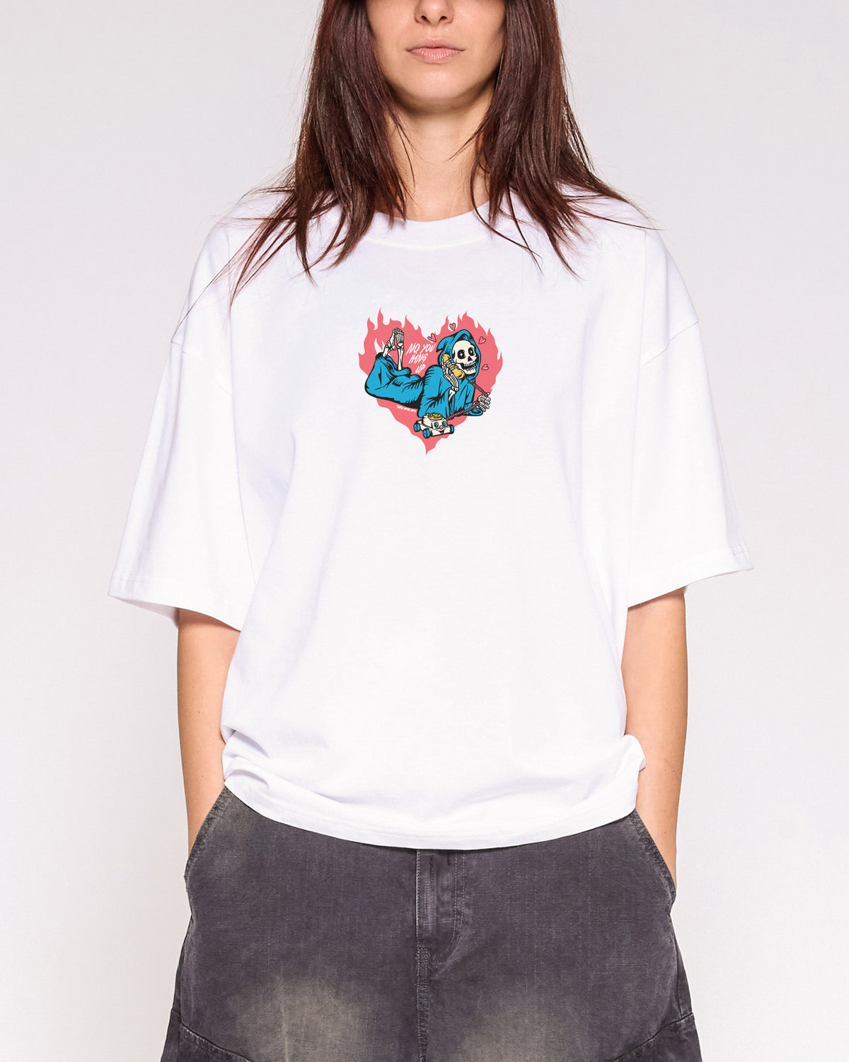 No You Hang Up White Oversized Crop Tee Close-Up