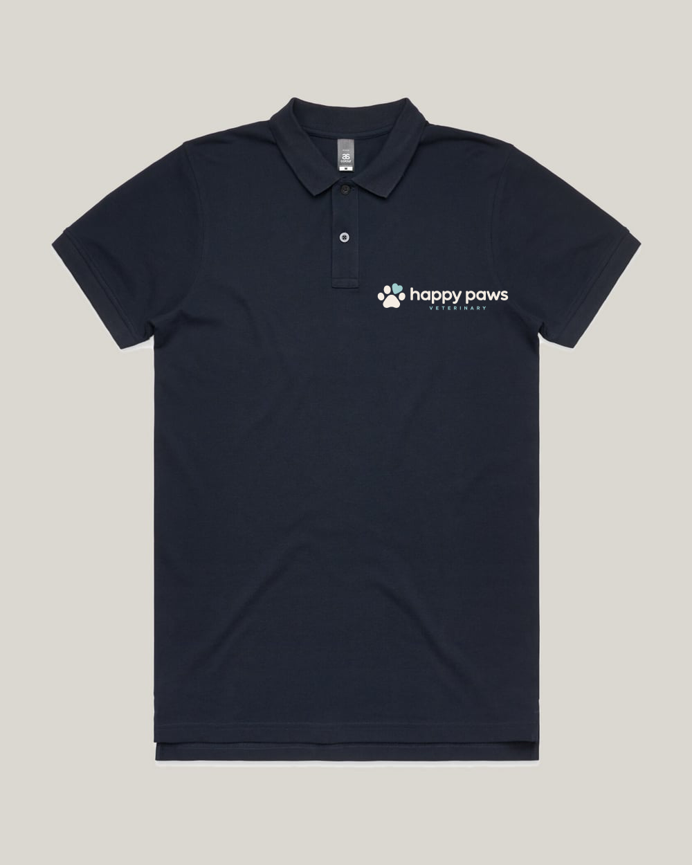 Custom Polo in navy with a sample Happy Paws chest logo