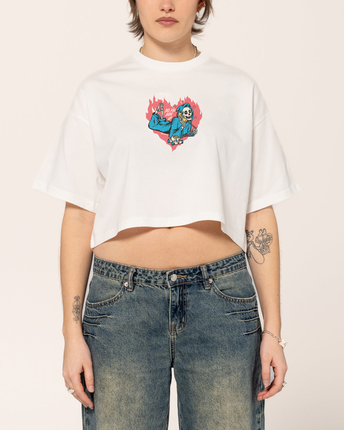 No You Hang Up White Crop Tee