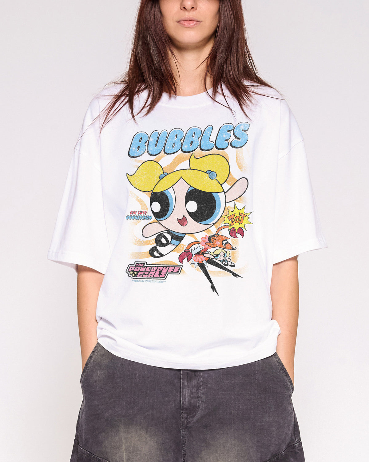 Bubbles White Oversized Crop Tee Close-Up