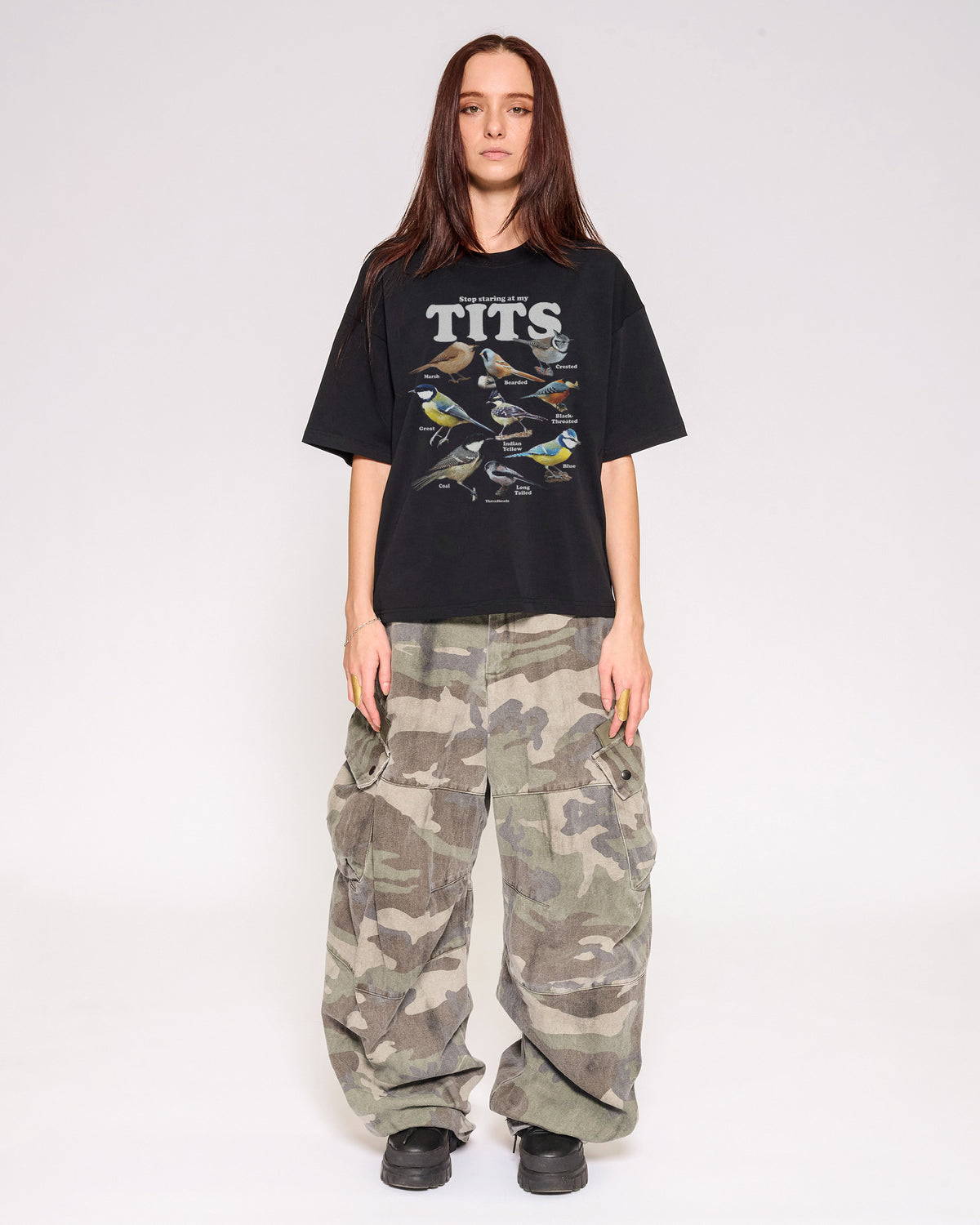 Stop Staring At My Tits Black Oversized Crop Tee Full-Body
