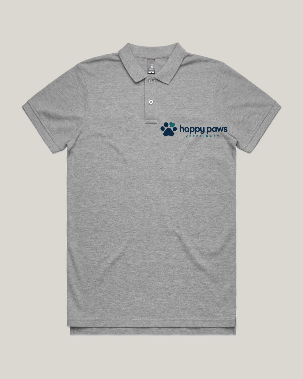Custom Polo in grey marle with a sample Happy Paws chest logo