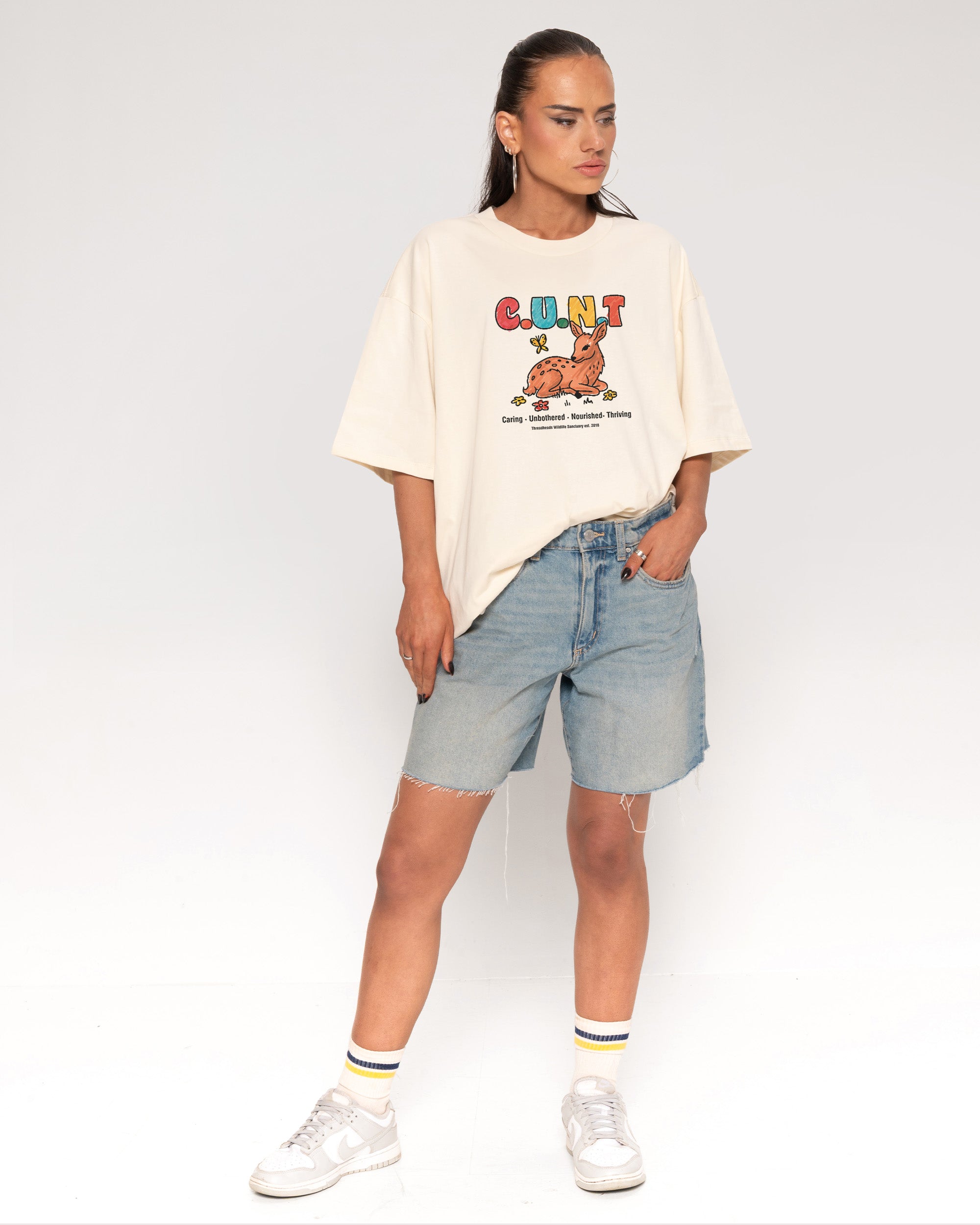 Caring Unbothered Nourished Thriving Natural Oversized Tee