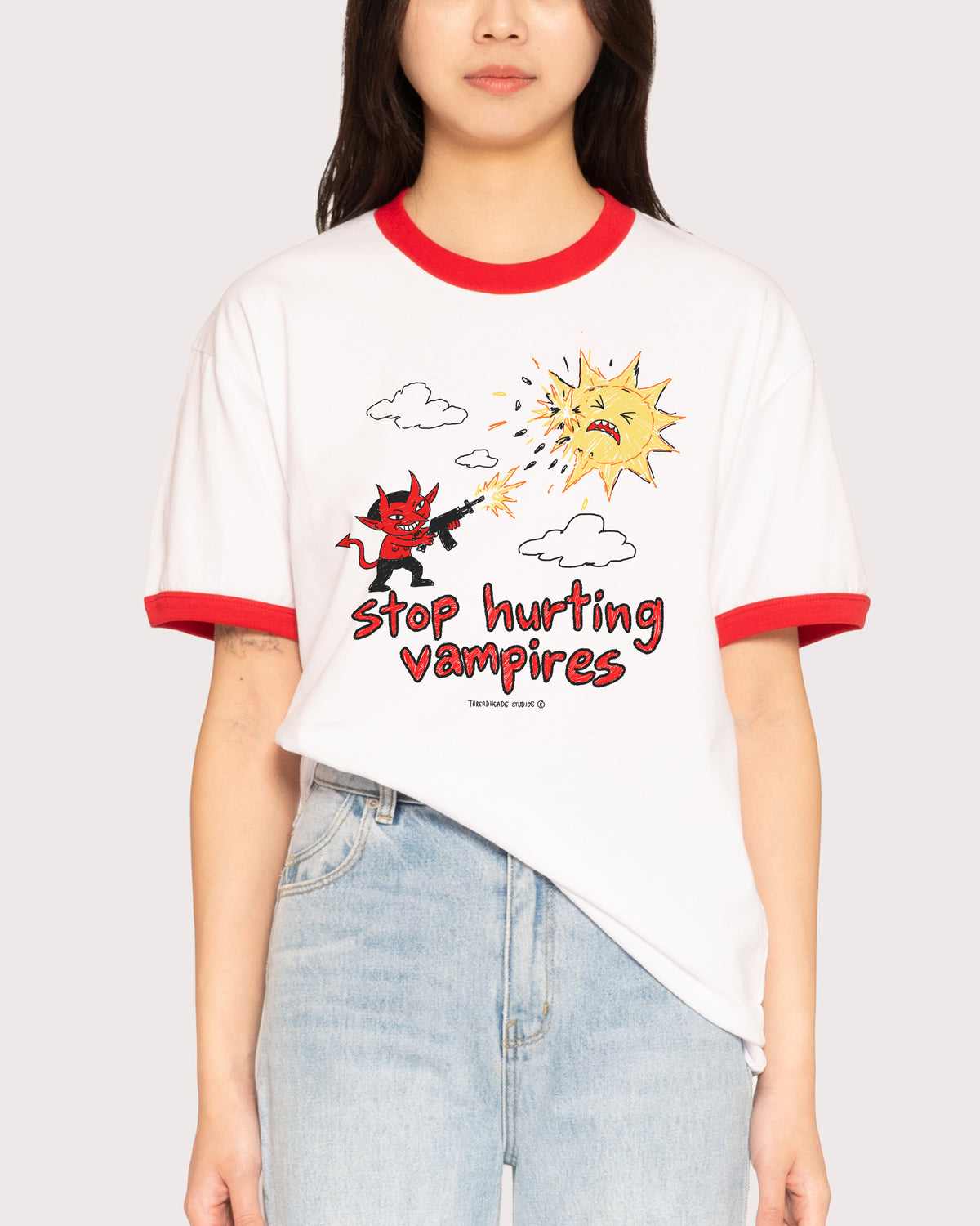 Stop Hurting Vampires Red Ringer T-Shirt