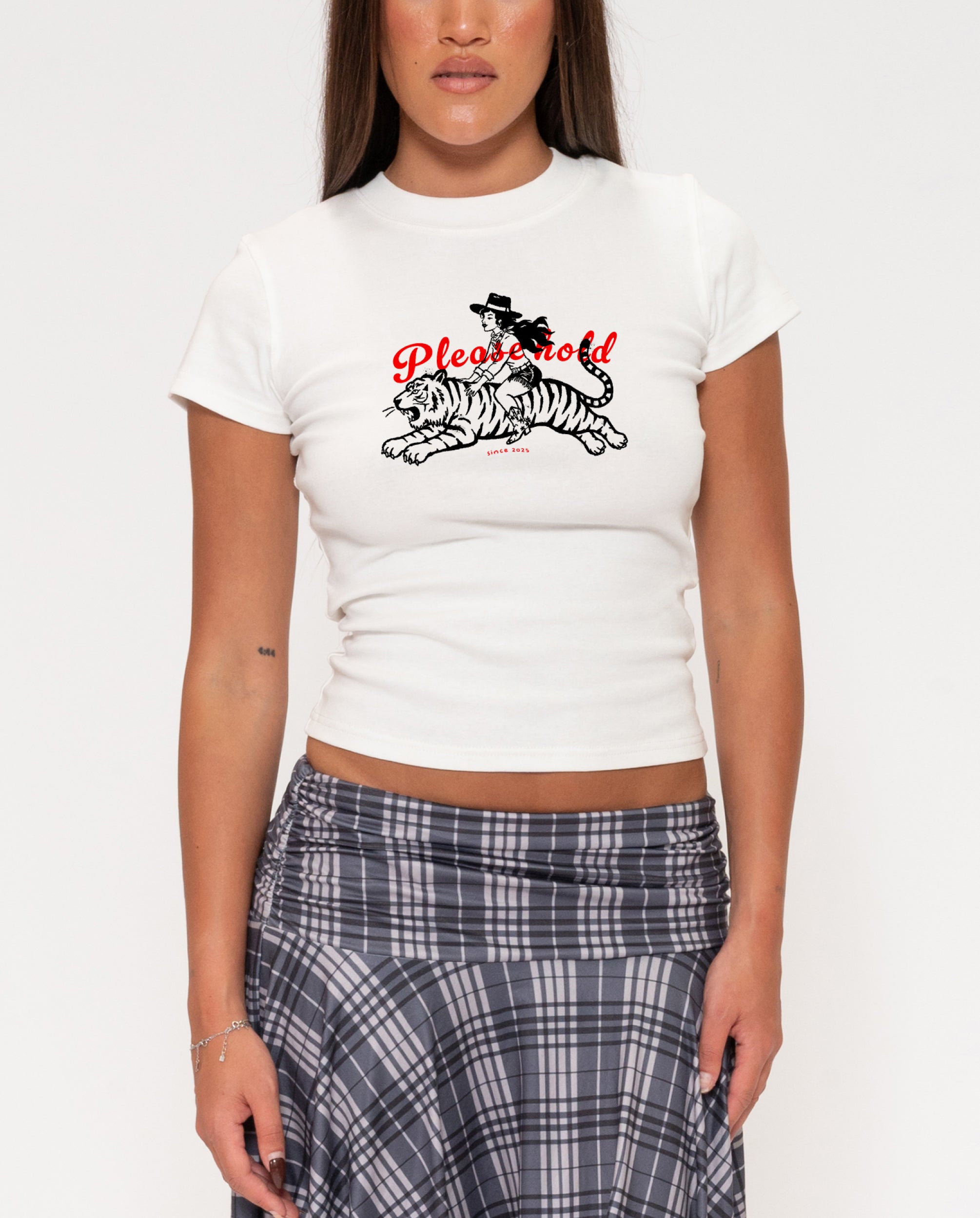 Please Hold Hell Cat White Longline Baby Tee