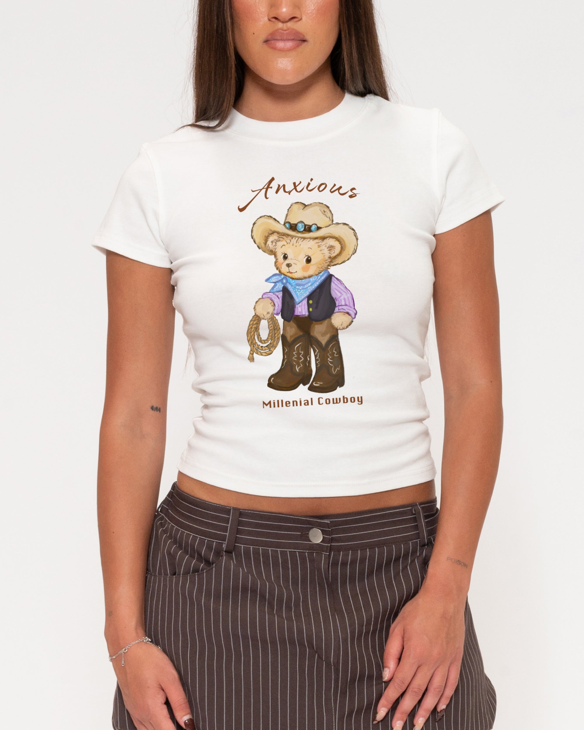 Anxious Millenial Cowboy White Longline Baby Tee