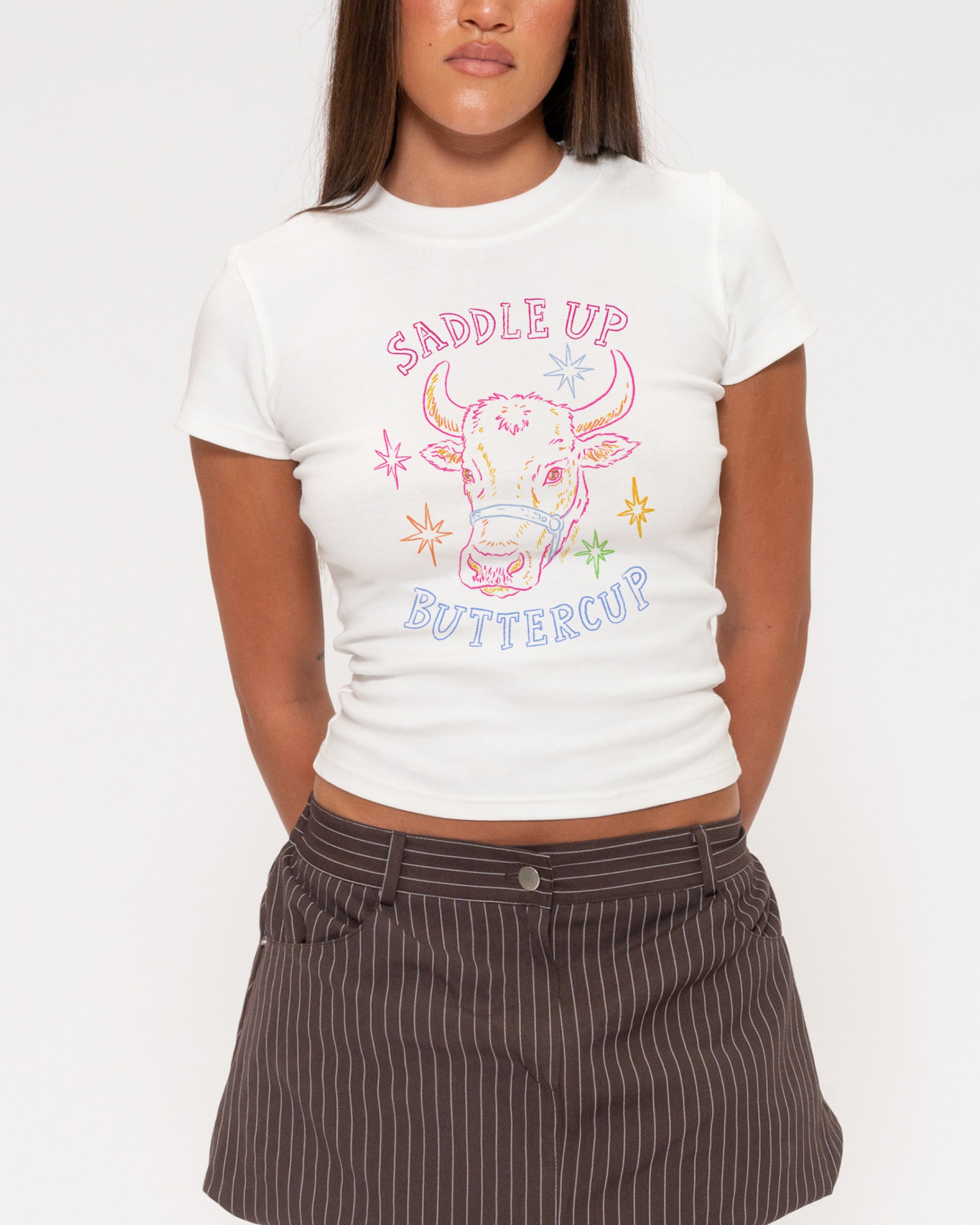 Saddle Up Buttercup White Longline Baby Tee