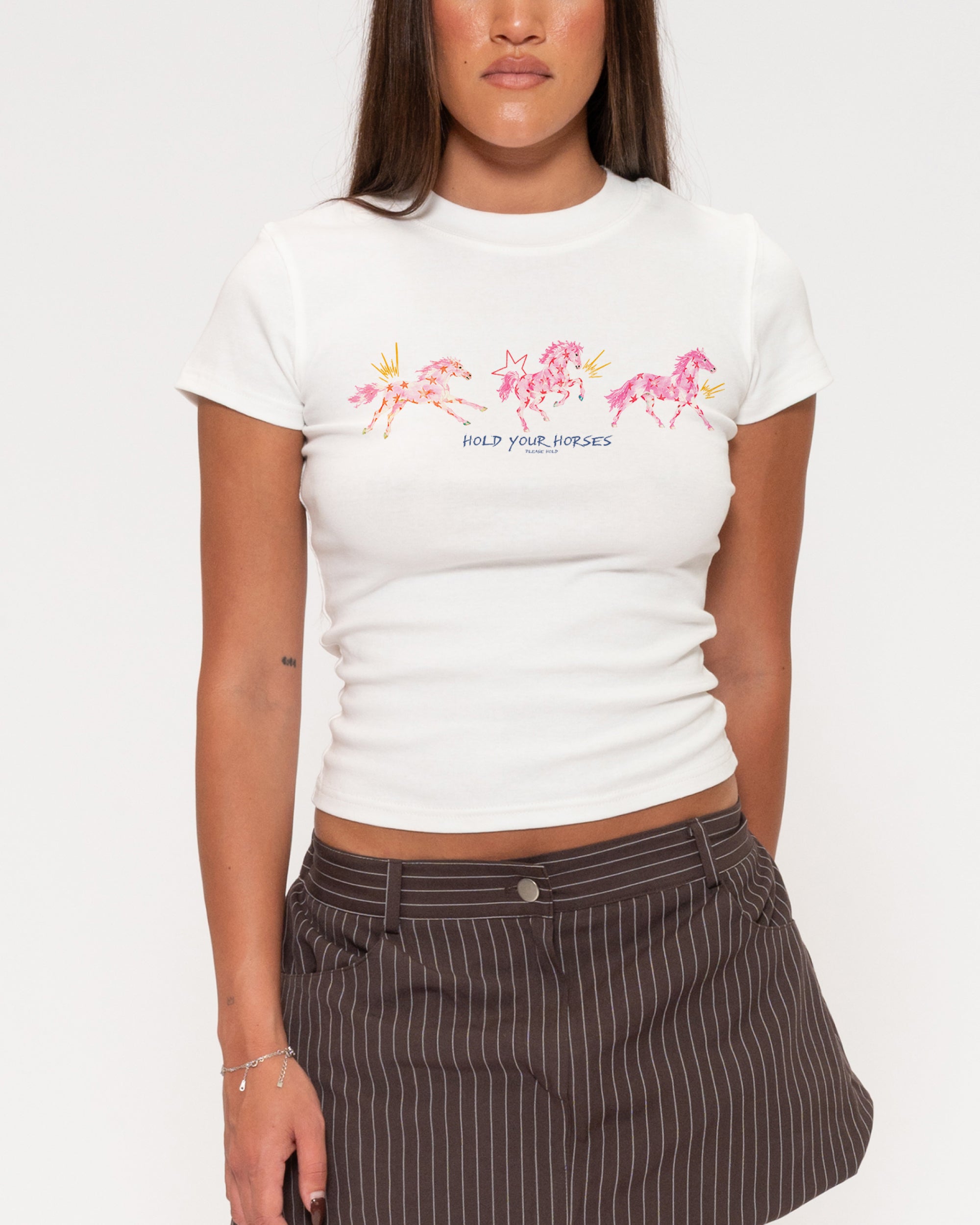Hold Your Horses White Longline Baby Tee