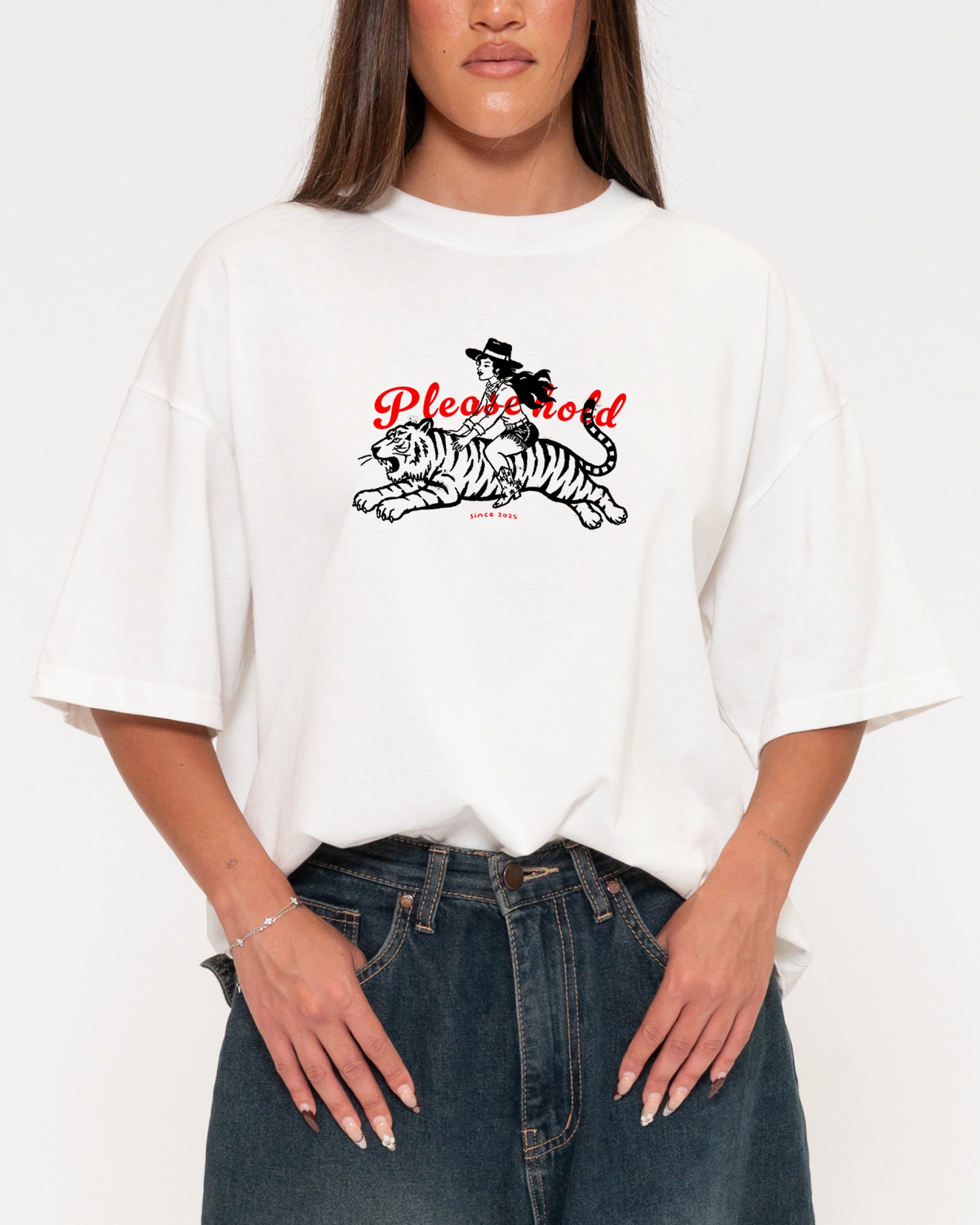 Please Hold Hell Cat White Boxy Crop Tee
