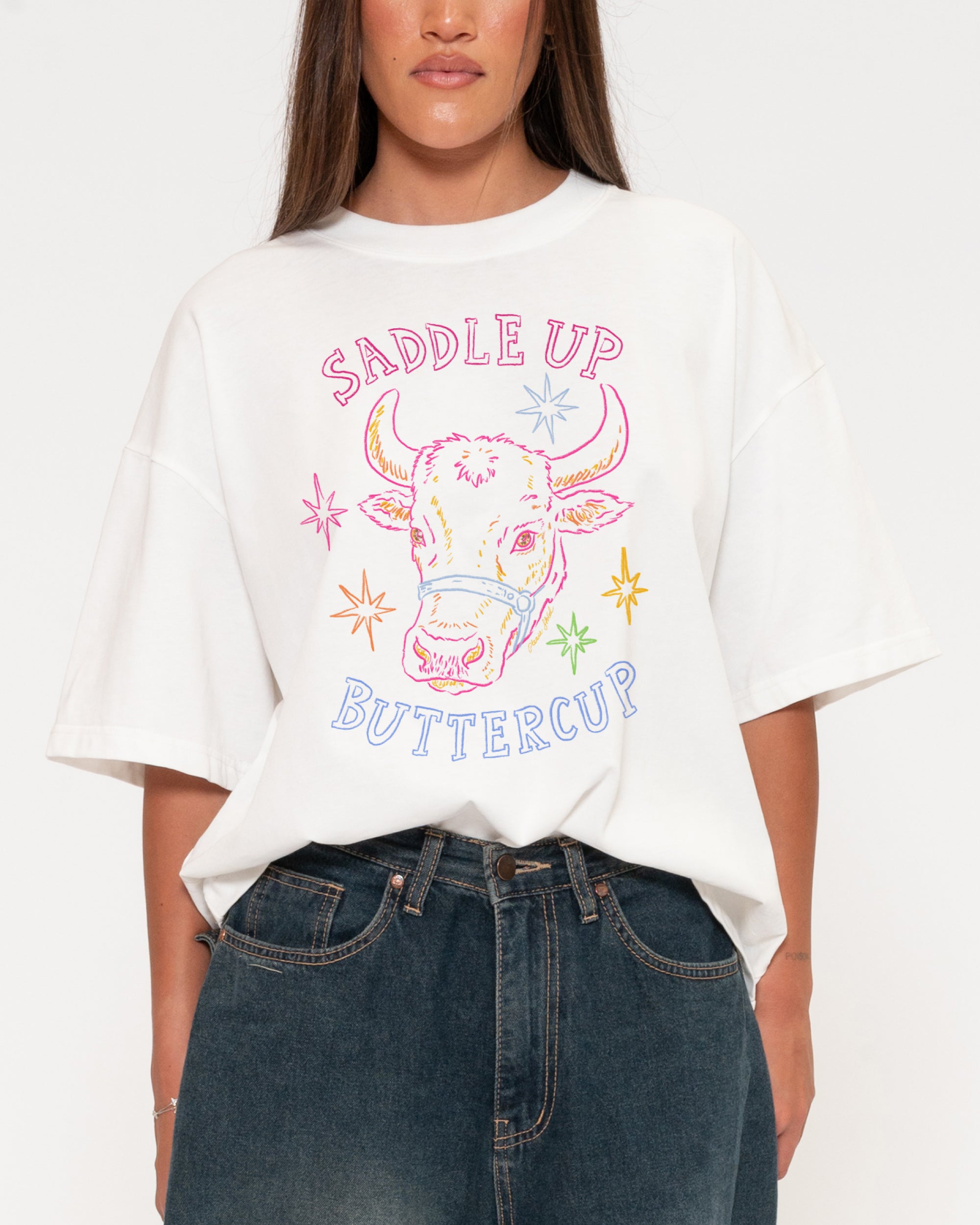 Saddle Up Buttercup White Boxy Crop Tee
