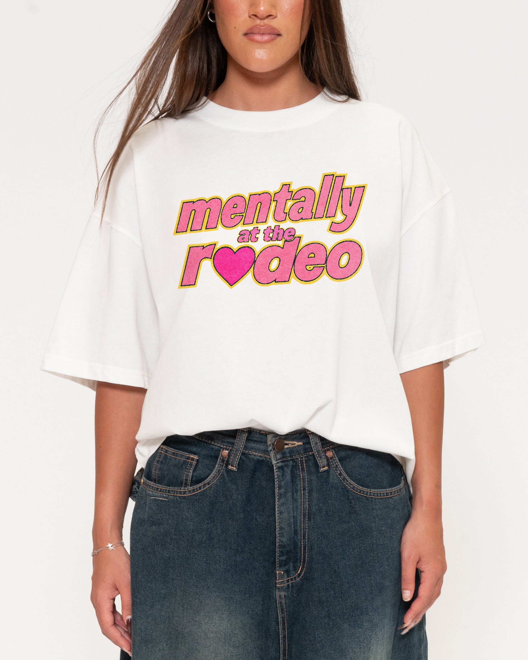 Mentally At The Rodeo White Boxy Crop Tee