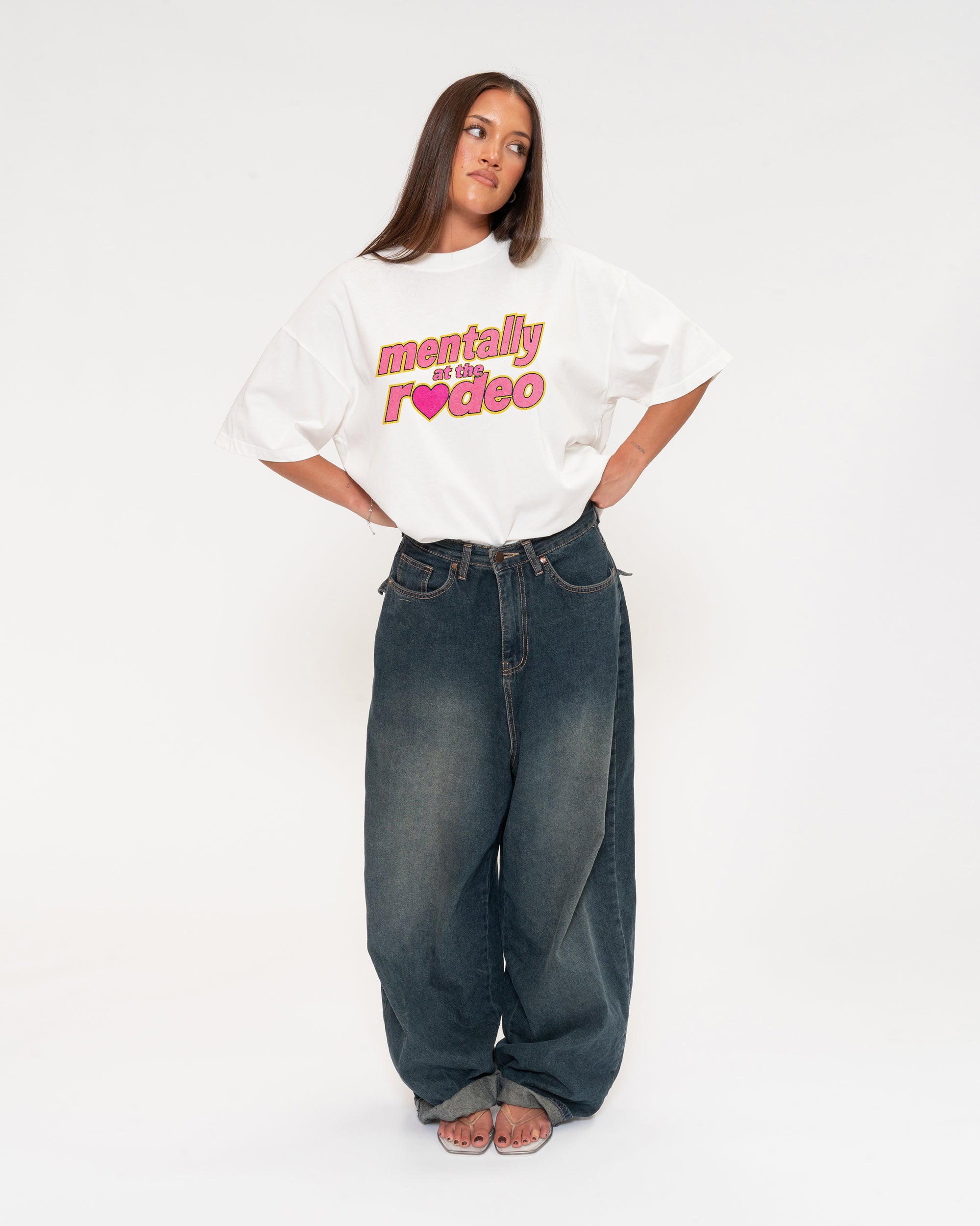 Mentally At The Rodeo White Boxy Crop Tee