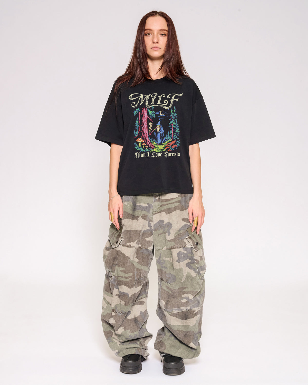 Man I Love Forests Black Oversized Crop Tee Full-Body