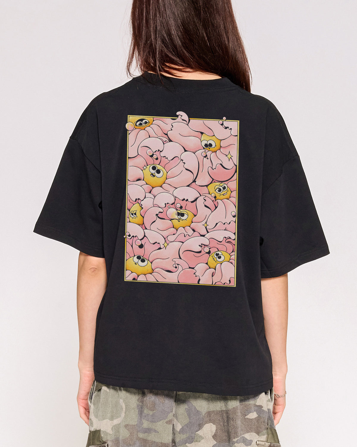 Bubble Blossom Black Oversized Crop Tee Back-Close-Up